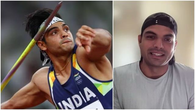 Neeraj Chopra in action (L) and addressing the media on Monday (R). (FILE/ JSW Sports)