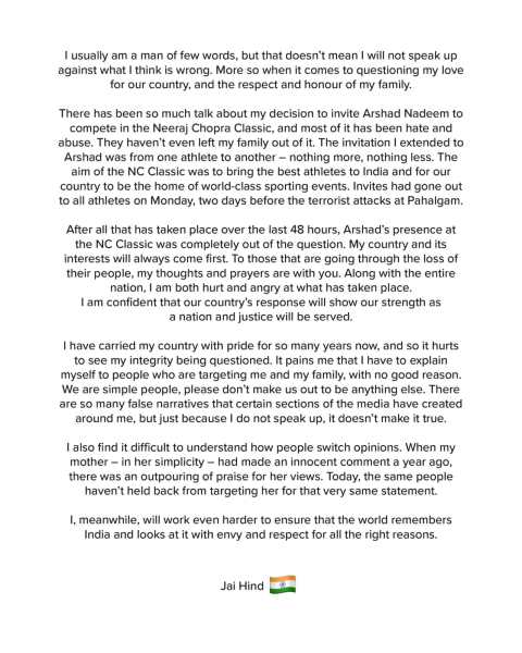 Neeraj Chopra's post on X.