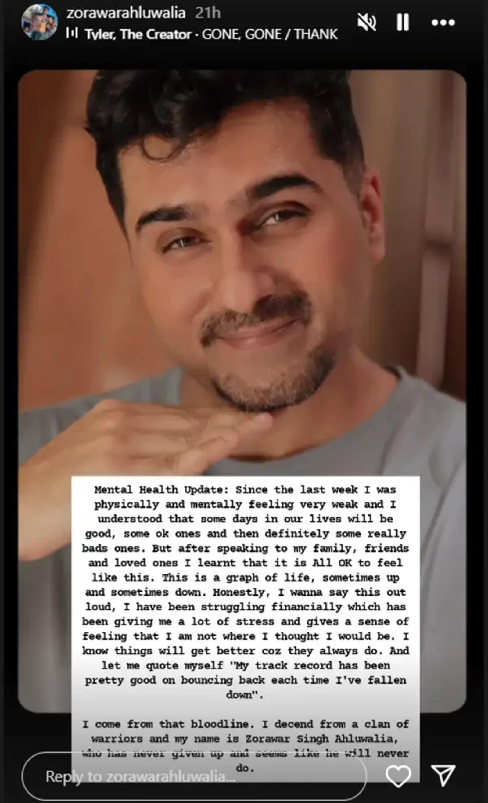 Zorawar Singh Ahluwalia posted about his mental health on Instagram