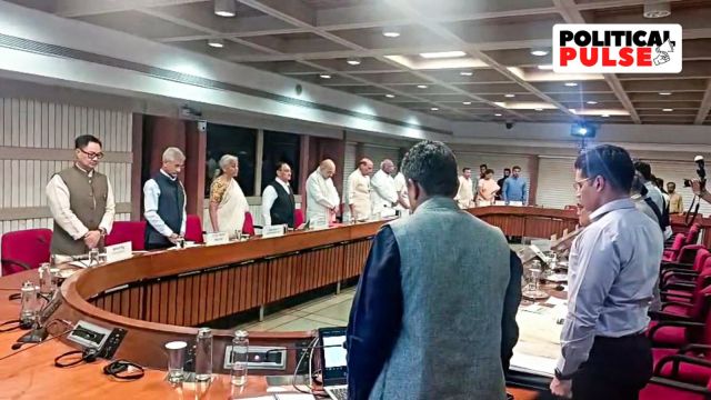 A two-minute silence observe during the all-party meeting called by the Central Government to honour the innocent lives lost in the Pahalgam terror attack, in New Delhi on Thursday.