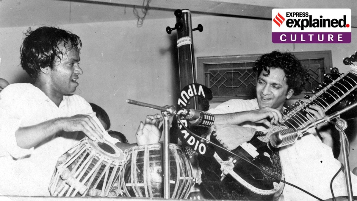 Sitar Player Pt. Ravi Shankar (right) with tabla player Chatur Lal during a concert.