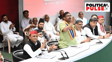 Daddu Prasad (right) with SP chief Akhilesh Yadav in Lucknow (Express Photo)