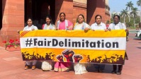 delimitation (1) DMK leaders stage protest against delimitation outside Parliament (PTI)