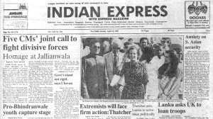 This is the front page of The Indian Express published on April 14, 1985.