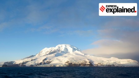 Heard Island, as seen from a boat facing southwest from approximately the Shag Islets.