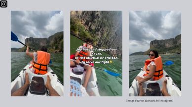 The video shows the husband Kartik refusing to move the kayak unless her wife concedes