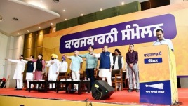 Kejriwal addressing volunteer meet in Ludhiana.