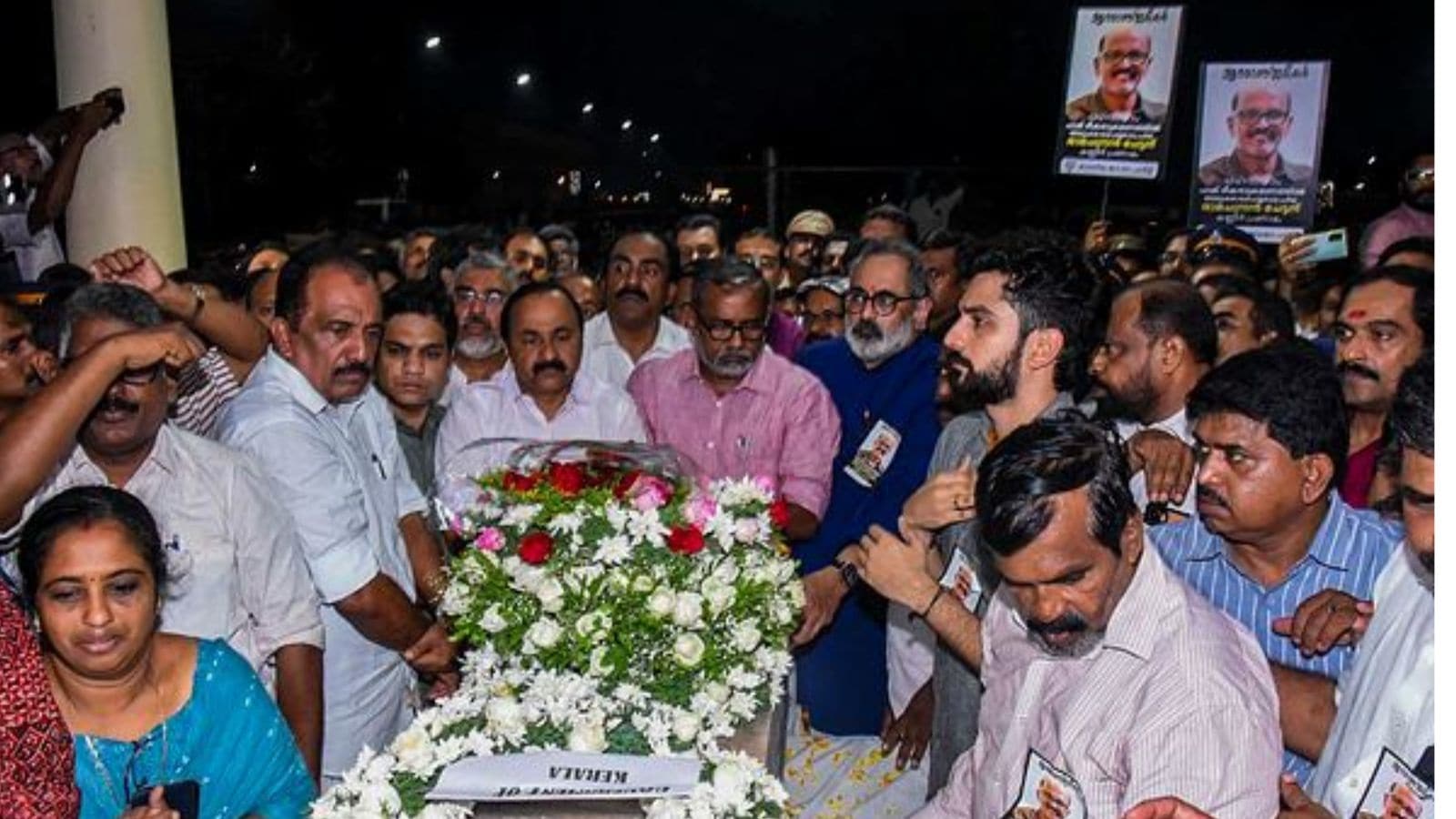 Kerala BJP president Rajeev Chandrasekhar, Congress leader V D Satheesan and others pay tribute after the mortal remains of Ramachandran, a victim of the Pahalgam terror attack, was brought at the Kochi International Airport, Wednesday. (PTI Photo)