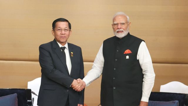 PM Narendra Modi stressed on the urgent need to restore democratic processes in Myanmar when he met Myanmar’s junta chief, Senior General Min Aung Hlaing, during the BIMSTEC summit in Bangkok in April 2025. (Credi: x/@narendramodi)