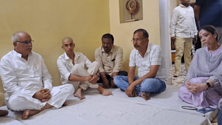 Former Chhattisgarh chief minister Bhupesh Baghel pays condolences to the family