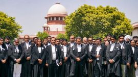 Lawyers observe a moment of silence for the lives lost in a terror attack in Jammu and Kashmir’s Pahalgam, at the Supreme Court premises, in New Delhi, Wednesday, April 23, 2025. (PTI Photo)