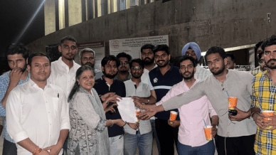 Student representatives after talks with Vice-Chancellor Prof Renu Vig-constituted committee at the DSW Office on the Panjab University campus on Tuesday evening.