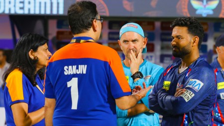 Sanjiv Goenka, owner of Lucknow Super Giants, chats with LSG captain Rishabh Pant and coach Justin Langer during an IPL 2025 game. (PHOTO: Sportzpics for IPL)