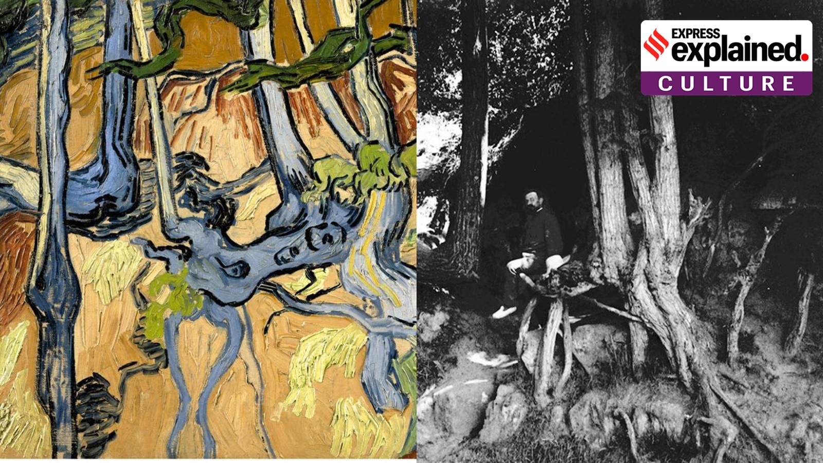 'Tree Roots' by Vincent Van Gogh and the real location in France.