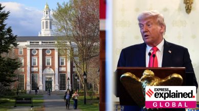 Donald Trump and the Harvard building; composite.