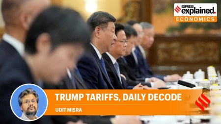 Chinese President Xi Jinping attends a meeting at The Great Hall of The People on April 24, 2025 in Beijing, China.