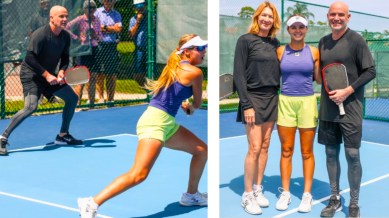 (LEFT) Andre Agassi and his 18-year-old Anna Leigh Waters pickleball partner at a training session; (RIGHT) Agassi and Leigh Waters with tennis legend Steffi Graf, who is married to Agassi. (PHOTOS: Andre Agassi Instagram)