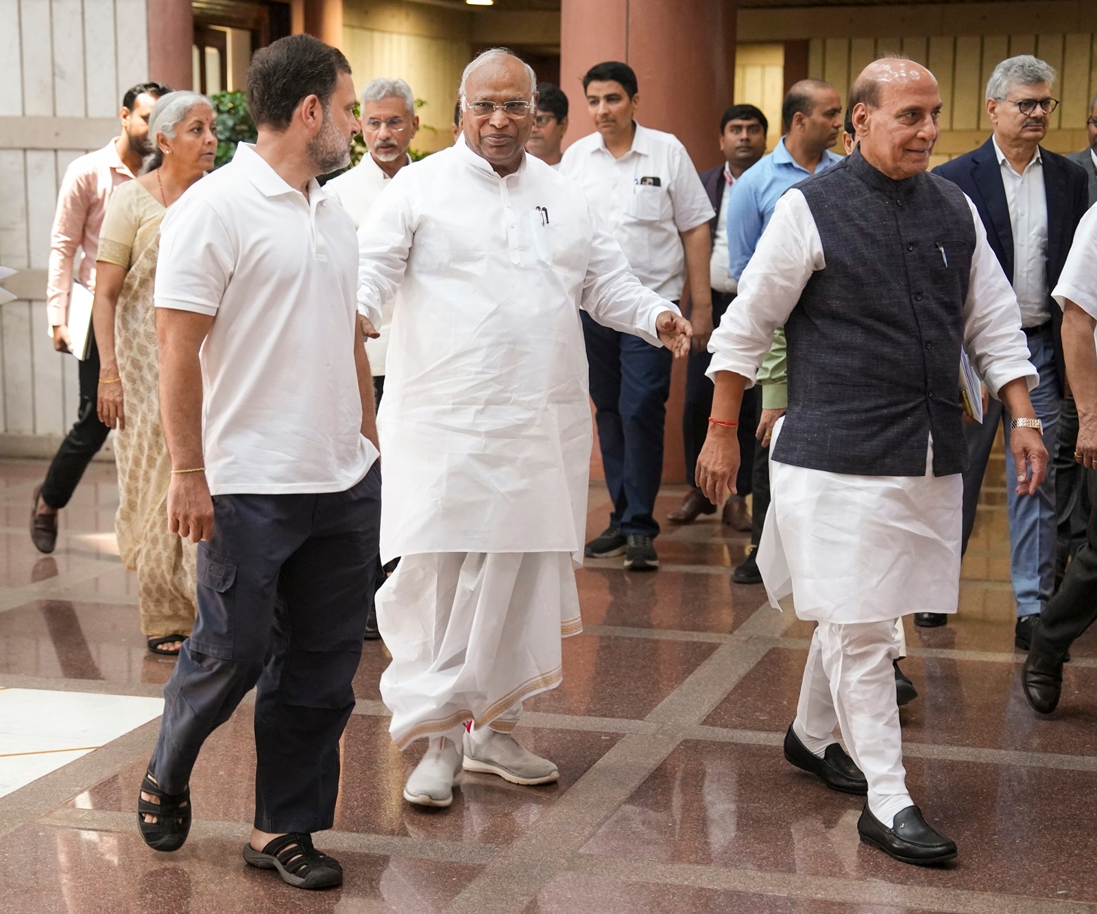 Union Defence Minister Rajnath SIngh, Leader of Opposition in the Lok Sabha Rahul Gandhi, Congress President Mallikarjun and other leaders arrive for the all-party meeting