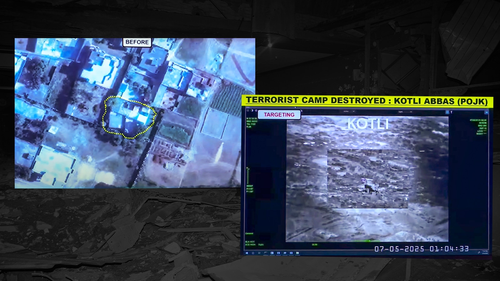 Operation Sindoor: A target struck during the op being displayed during a press conference in New Delhi. (Photo: PTI)