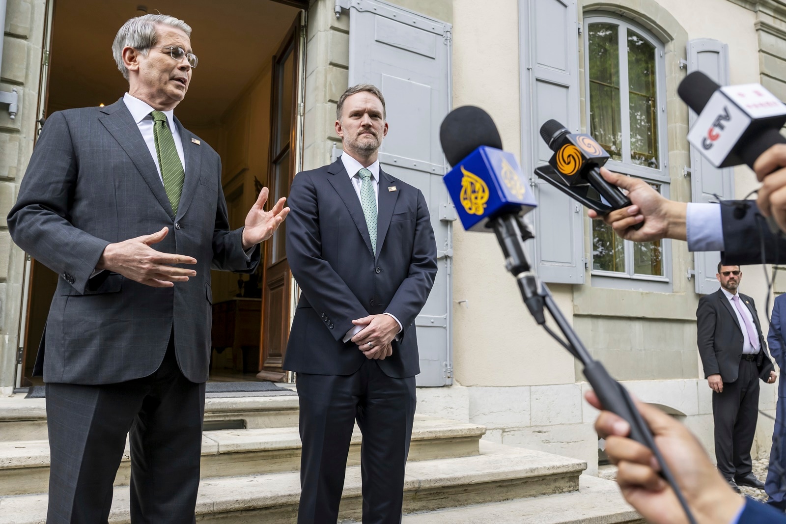 US Secretary of the Treasury Scott Bessent (left) and US Trade Representative Jamieson Greer speak to the press after the second day of a bilateral meeting between the United States and China, in Geneva on Sunday