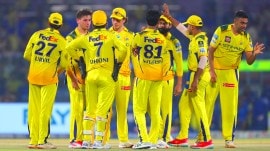 Chennai Super Kings (CSK) players celebrate a Rajasthan Royals wicket in the IPL 2025 match at the Arun Jaitley Stadium, Delhi. (Sportzpics for IPL)