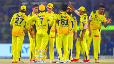 Chennai Super Kings (CSK) players celebrate a Rajasthan Royals wicket in the IPL 2025 match at the Arun Jaitley Stadium, Delhi. (Sportzpics for IPL)