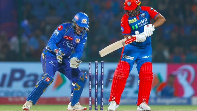 Karun Nair of Delhi Capitals is bowled by Mitchell Santner of Mumbai Indians in match 29 of IPL 2025 at the Arun Jaitley Stadium, Delhi. (Photo: Sportzpics for IPL)