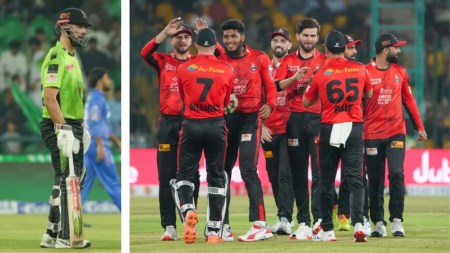 L-R: Daryl Mitchell and Rishad Hossain's Lahore Qalandars team in action during Pakistan Super League 2025, (PHOTO: PCB)