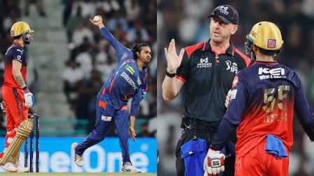 L-R: LSG's Digvesh Rathi in bowling run-out and Jitesh Sharma discussion with umpires post the run-out appeal. (Sportzpics for IPL)
