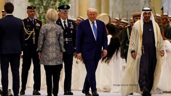 Children perform a traditional dance, Al-Ayyala, on the day US President Donald Trump meets United Arab Emirates President