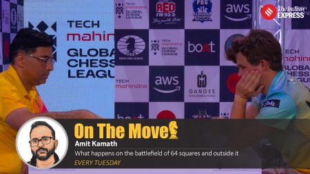 Former world champions Magnus Carlsen and Viswanathan Anand face off in the Global Chess League. (Screengrab courtesy JioHotstar)