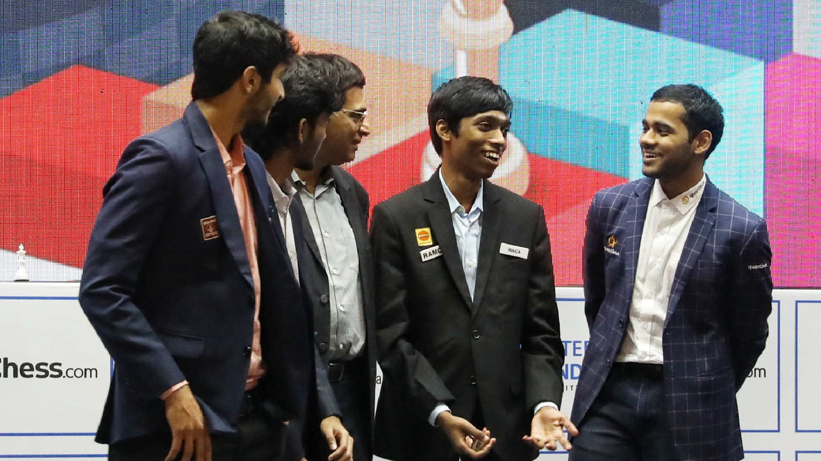 Viswanathan Anand with India's current generation of chess stars like Vidit Gujarathi, Gukesh, Praggnandhhaa, and Arjun Erigaisi at the draw ceremony of the men's Tata Steel Chess India tournament in Kolkata in September 2023. (Express photo by Partha Paul)