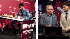 (LEFT) Gukesh plays at the Bucharest event of the Grand Chess Tour; (RIGHT) Cristian Chirila talks to Garry Kasparov. (PHOTOs: Lennart Ootes via Grand Chess Tour)