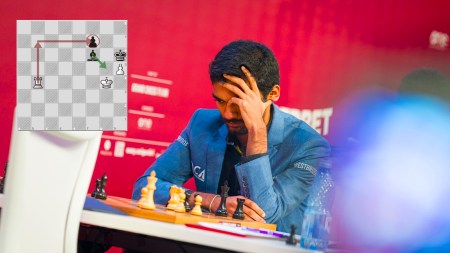 Gukesh contemplates his next move against Alireza Firouzja in their round 6 encounter at the Superbet Chess Classic 2025 tournament in Bucharest. (INSET) The decisive move from Gukesh which led to the loss. (PHOTOs: Lennart Ootes via Grand Chess Tour, Lichess)