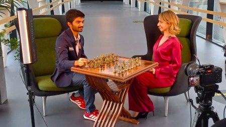 World champion Gukesh is interviewed by WGM Keti Tsatsalashvili at Stavanger ahead of the Norway Chess tournament. (Express Photo by Amit Kamath)