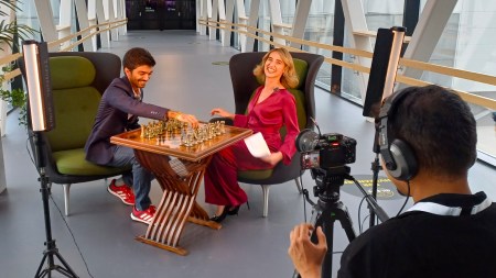 World champion Gukesh is interviewed by WGM Keti Tsatsalashvili at Stavanger ahead of the Norway Chess tournament. (Express Photo by Amit Kamath)