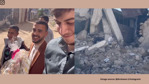 The man shared a glimpse of the war-ravaged landscape, piles of debris, shattered homes, and makeshift camps, as he makes his way to the wedding venue (Image source: @ibraheam.1/Instagram)