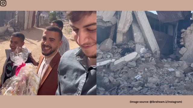 The man shared a glimpse of the war-ravaged landscape, piles of debris, shattered homes, and makeshift camps, as he makes his way to the wedding venue (Image source: @ibraheam.1/Instagram)