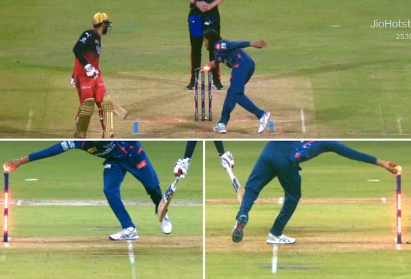 एलएसजी के डिग्वेश रथी ने आरसीबी कैप्टन जितेश शर्मा के खिलाफ रन-आउट को प्रभावित किया। (एक्स/स्क्रीनग्राब्स)