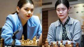 L-R: Russia's Aleksandra Goryachkina and China's Zhu Jiner in action during FIDE Women's Grand Prix. (PHOTO: FIDE)