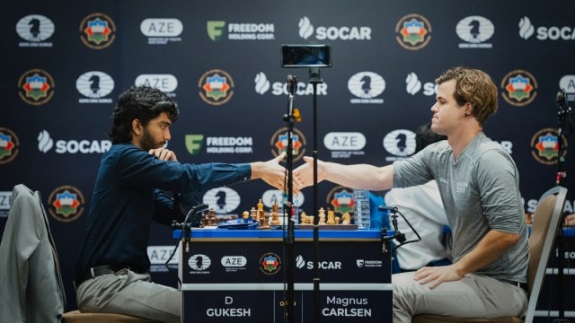 FILE: India's Gukesh in action against Magnus Carlsen during FIDE 2023 World Cup. (FIDE/Maria Emelianova)