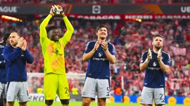 Manchester United's Christian Eriksen, Andre Onana, Harry Maguire and Luke Shaw celebrate their victory over Athletic Bilbao in the Europa League semifinal first leg. (AP Photo)