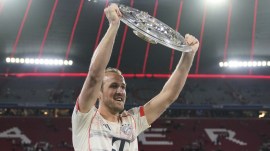 Harry Kane after lifting his first major title for Bayern Munich in Bundesliga. (PHOTO: AP)
