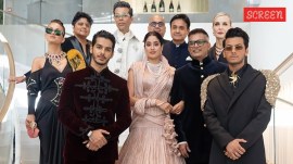 The premiere of Homebound at the Debussy Theatre was attended by Neeraj Ghaywan and Karan Johar as well as the star cast — Ishaan Khatter, Vishal Jethwa and Janhvi Kapoor.