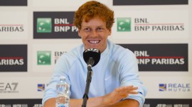 Italy's Jannik Sinner speaks during a press conference ahead of the Italian Open, in Rome, Monday May 5, 2025. (LaPresse via AP)