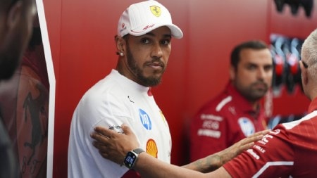 Ferrari driver Lewis Hamilton prepares to compete before the Formula One Miami Grand Prix. (AP Photo)