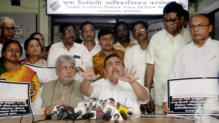 LoP Suvendu Adhikari in Kolkata, Monday. (Express Photo)