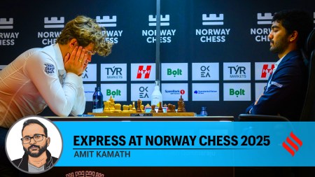 Magnus Carlsen takes on Gukesh in the first round of the Norway Chess tournament at Stavanger on Monday. (Norway Chess via Michal Walusza)