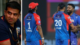 L-R: Delhi Capitals co-owner Parth Jindal; Dc and MI players after IPL 2025 match. (Sportzpics for IPL)