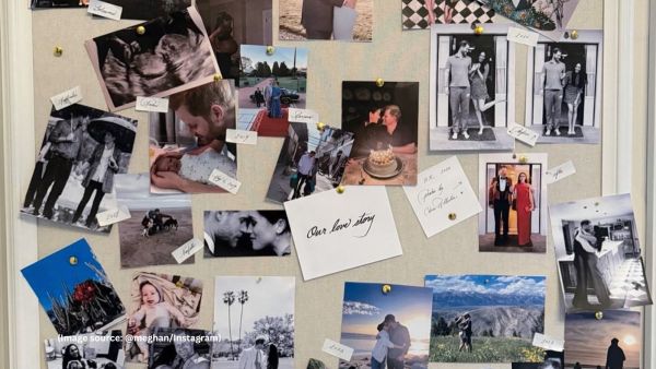 Other highlights from the post include moments from their 2017 engagement shoot, behind-the-scenes shots from their royal wedding, images of their dogs, and personal mementos like a sketch of Meghan’s coat of arms (Image source: @meghan/Instagram)